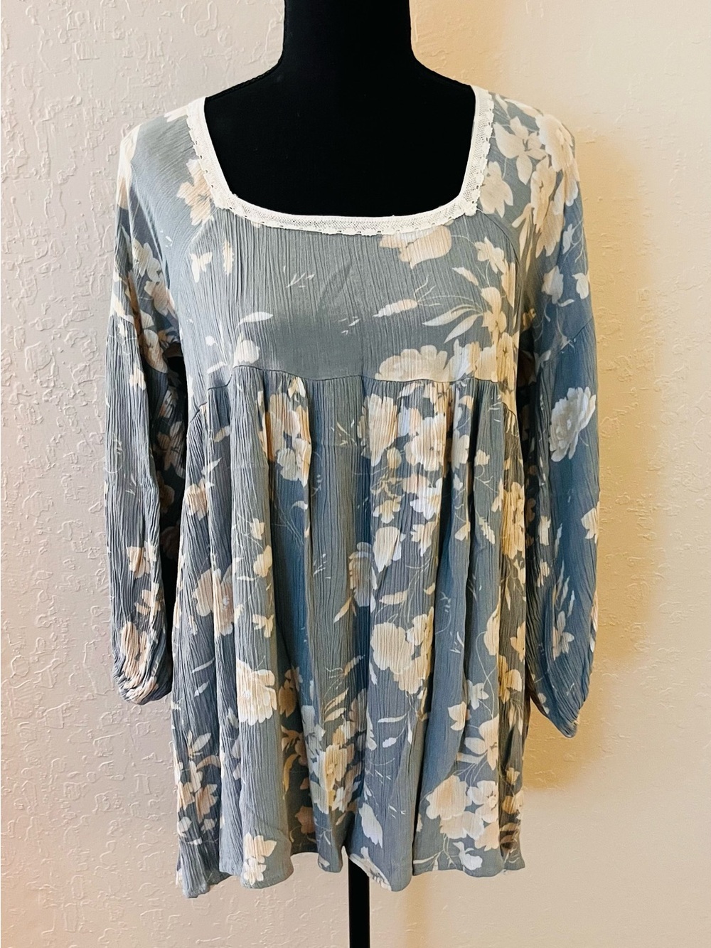 Blue Floral Square-Neck Peasant Blouse